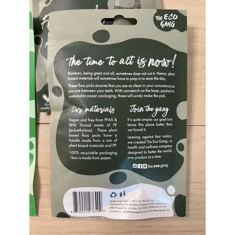 4 PACKS- The Eco Gang Floss Picks 40 PC Ea, Mint Charcoal Double Threaded Plant‎